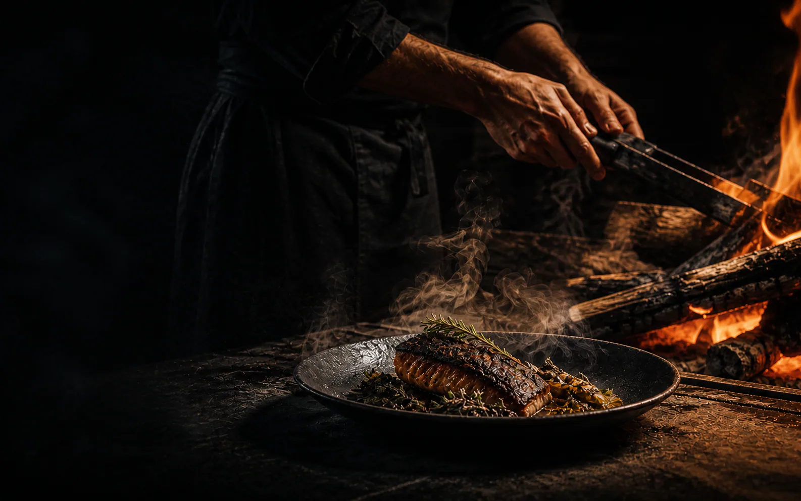 薪火で魚を仕上げる料理人の手元と湯気の立つひと皿